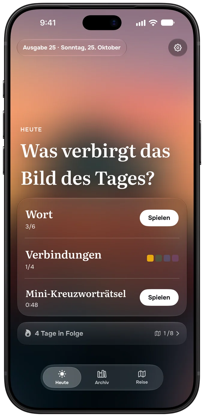 Letriko auf dem iPhone: die Startseite der Ausgabe mit Wort, Verbindungen und Mini-Kreuzworträtsel
