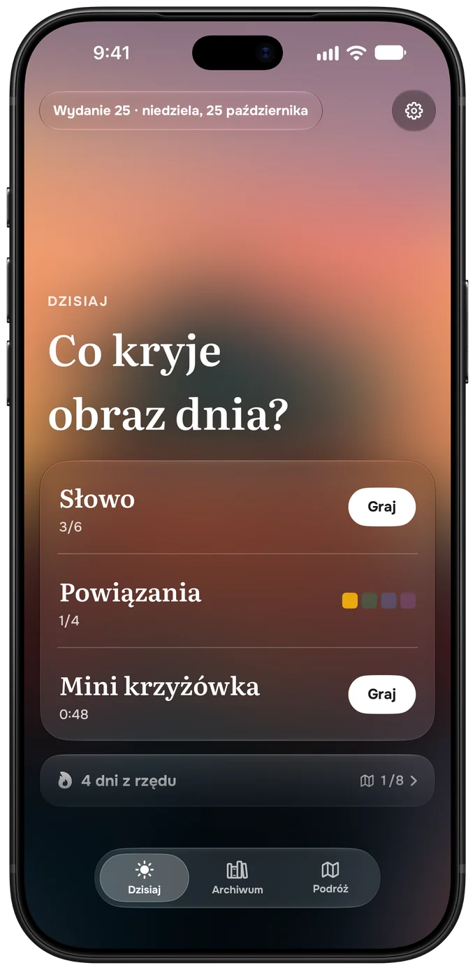Letriko na iPhonie: strona główna wydania ze Słowem, Powiązaniami i Mini krzyżówką